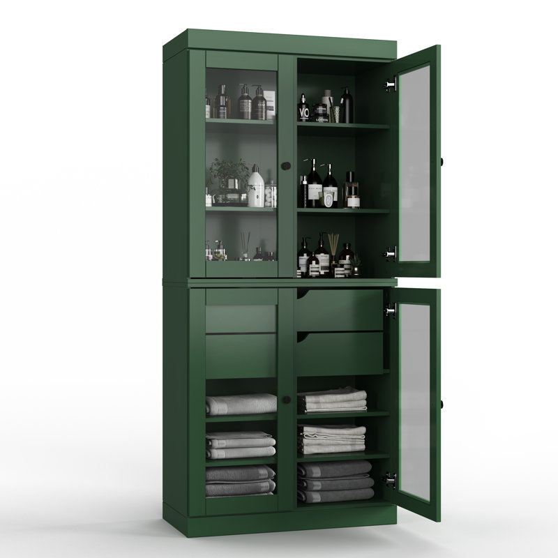32" W x 71.5" H 100% Solid Wood Freestanding Bathroom Storage Cabinet with Clear Glass Doors, 2 Drawers & Adjustable Shelves – Modern Bathroom Organizer