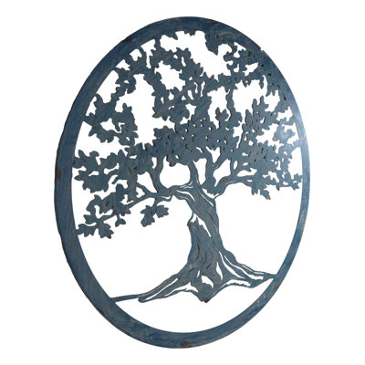 Plaque murale ronde surdimensionnée en métal bleu, 61 cm de diamètre, représentant l'arbre de vie celtique.