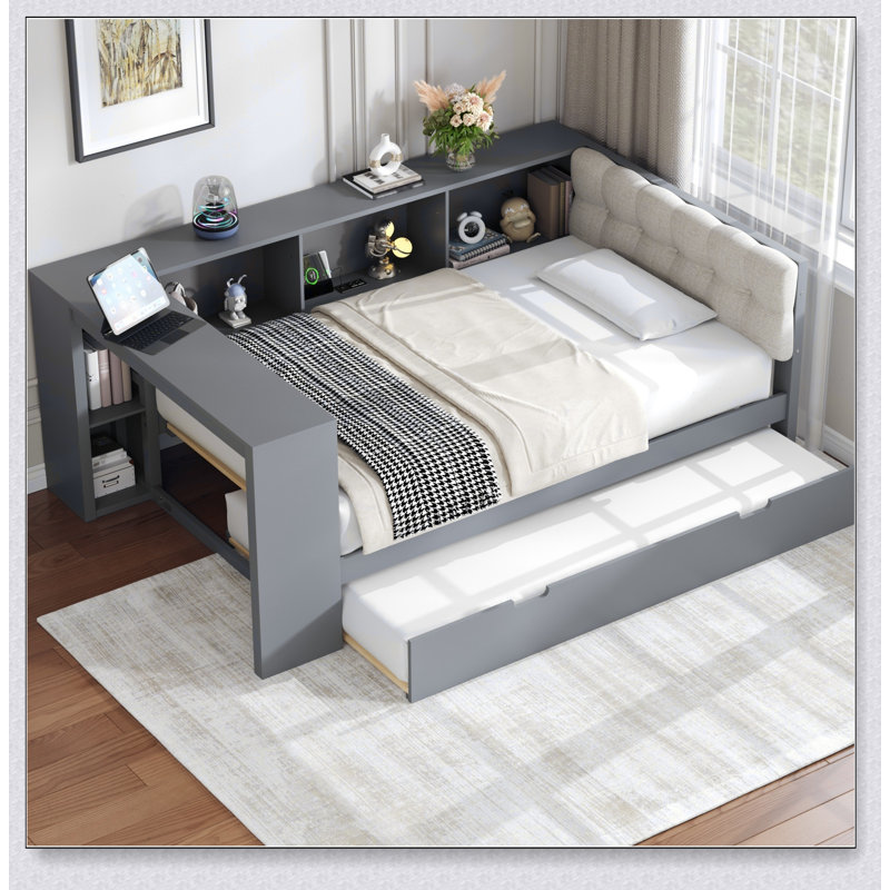 Wood Platform Bed With Storage Shelves, Trundle, Charging Station And Upholstered Headboard, Gray, Twin