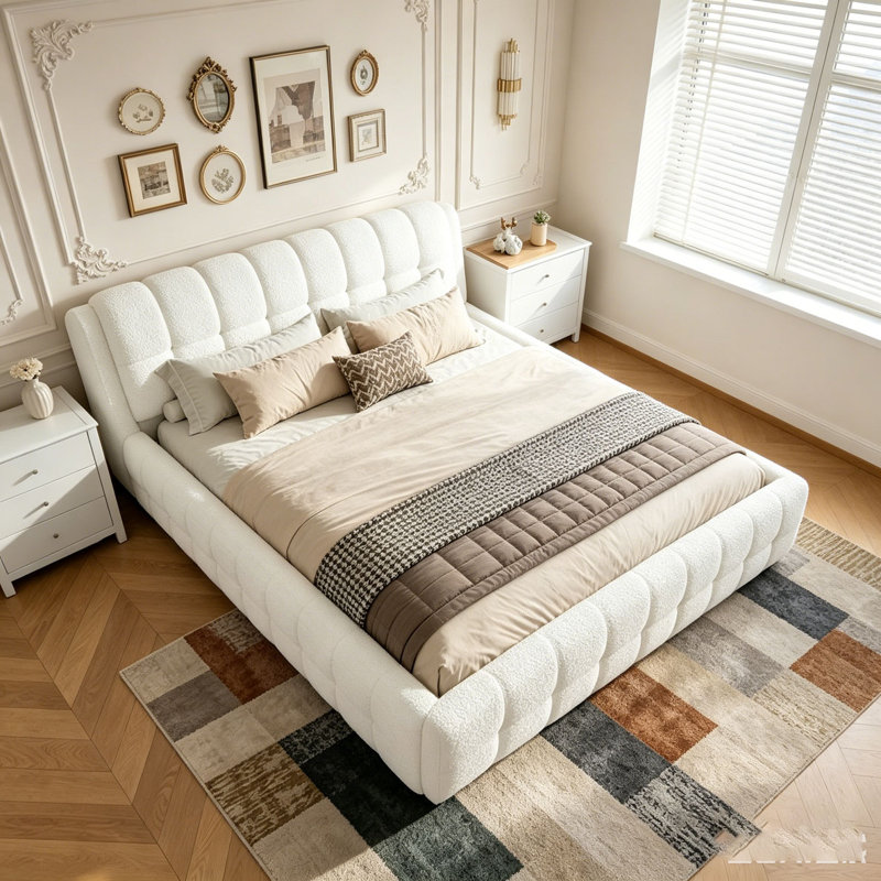 Upholstered Platform Bed, White, King
