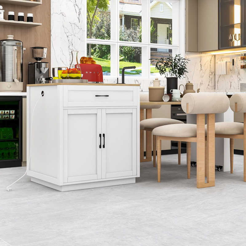 Elegant Multi-functional Kitchen Island with Extendable Dining Table, Dual Storage, and Power Outlets, White