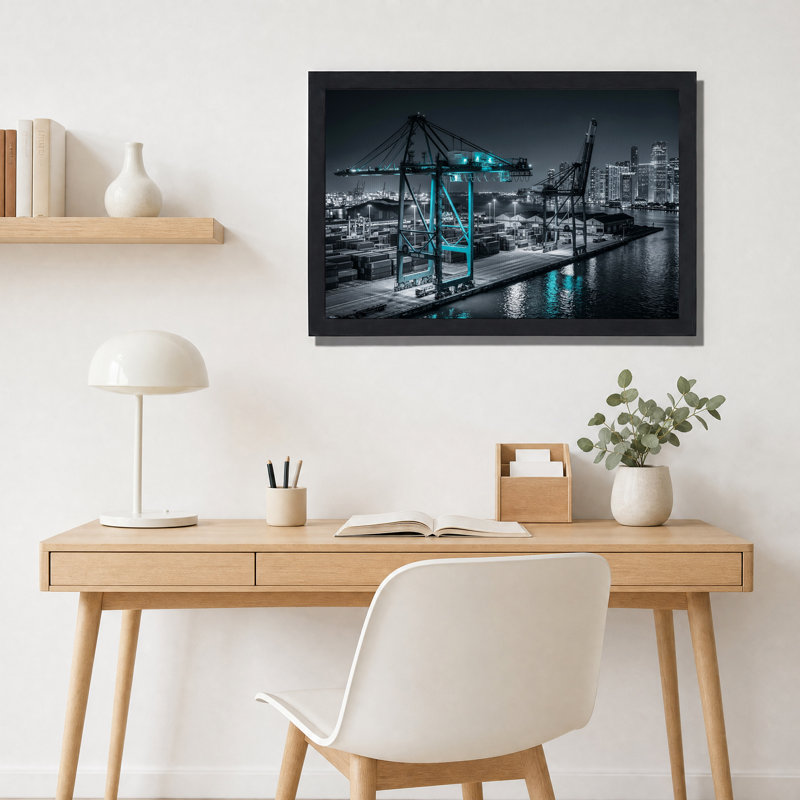 Grues industrielles avec lumières cyan la nuit, tableau sur toile, 12"H x 18"W