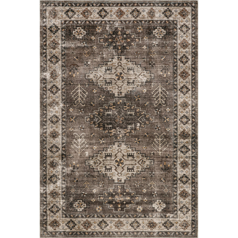 Dark Brown Geometric Synthetic Washable Accent Rug, 3' x 5'