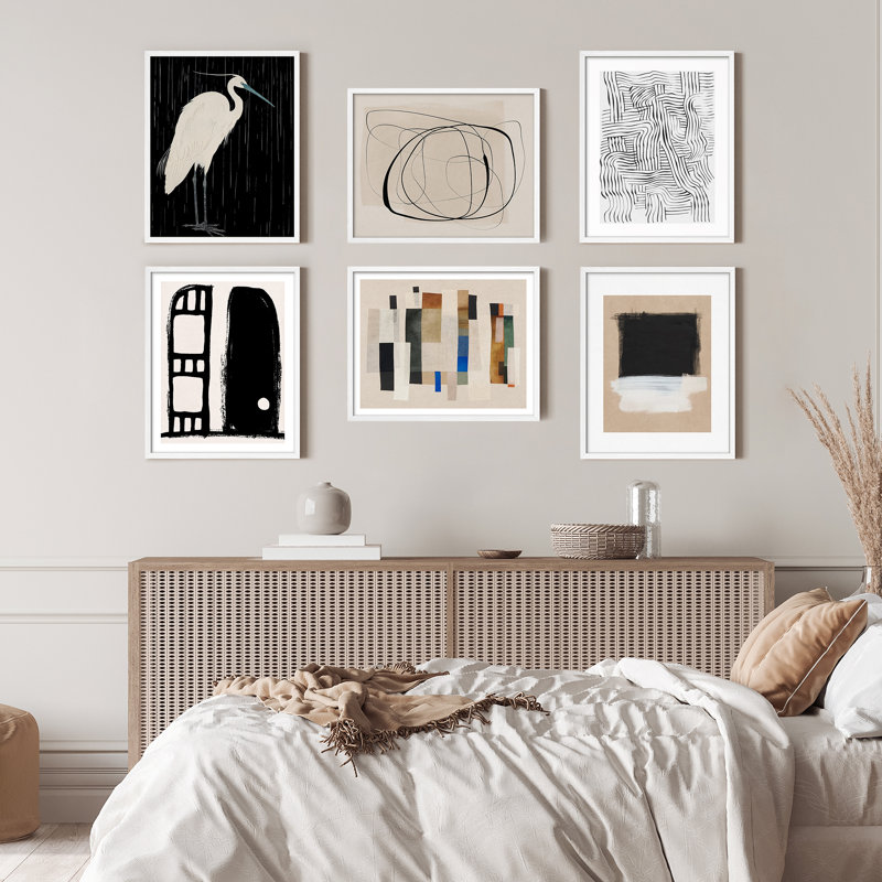 Ensemble de 6 reproductions d'art moderne et grues - impressions minimalistes d'inspiration scandinave dans des tons neutres