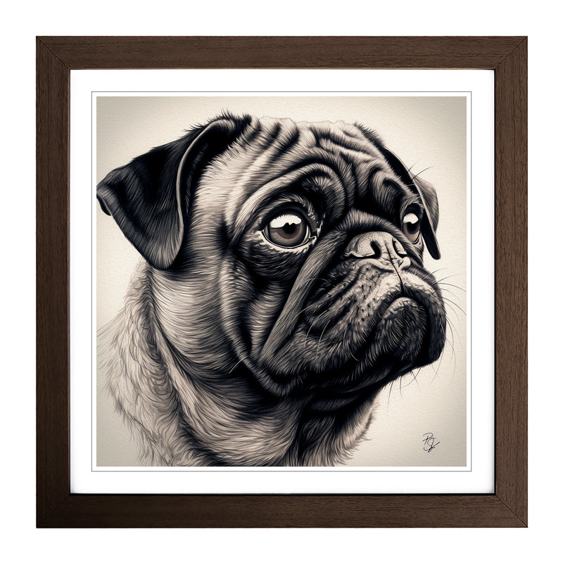 Pug Drawing - Single Picture Frame Print on Wood, Walnut