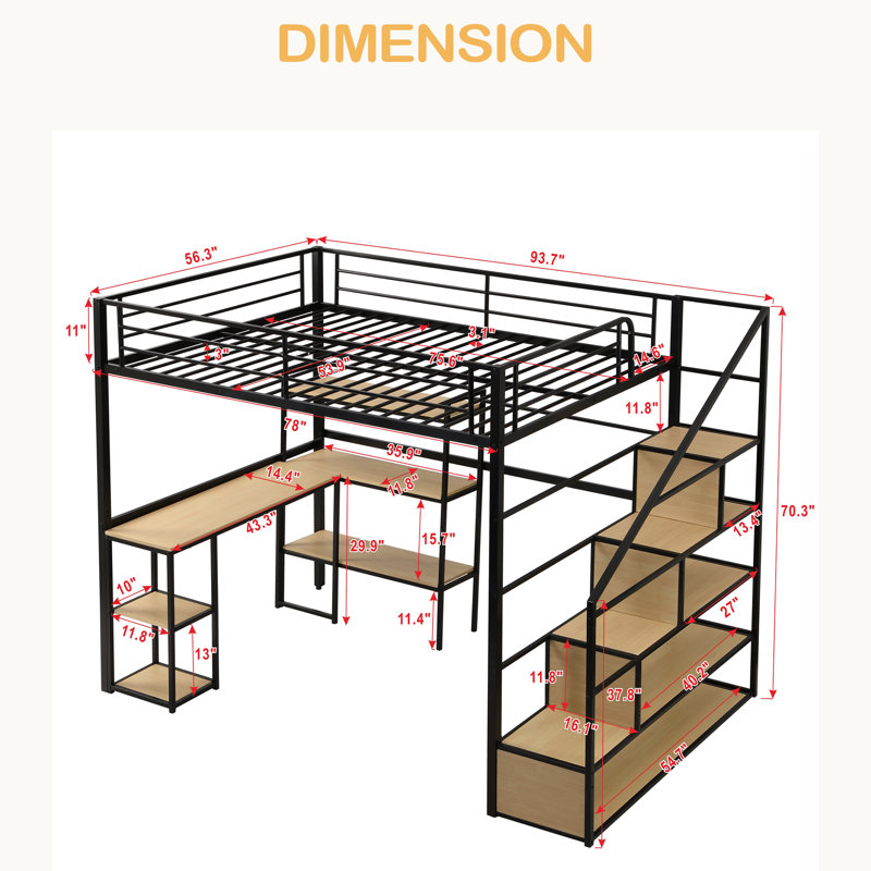 Lit mezzanine double en métal avec escalier, bureau intégré et tablettes