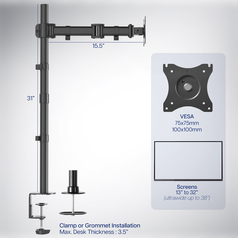 Black Adjustable Single Monitor Desk Mount with Extra Tall Pole