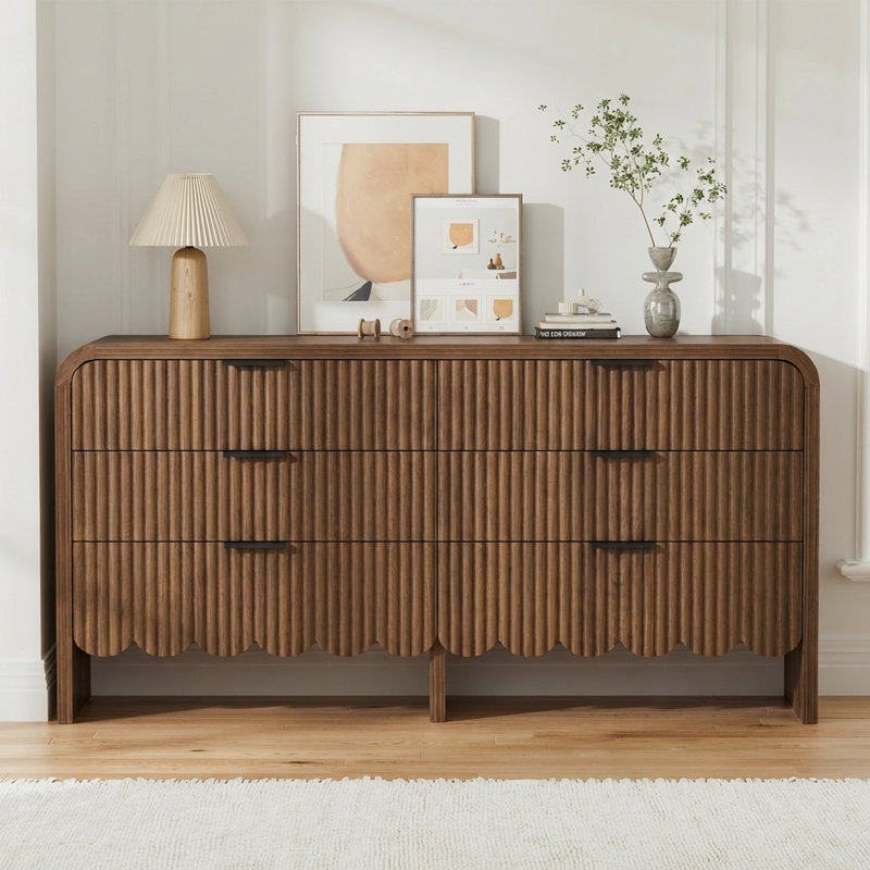 Commode 59 po style Mid-Century moderne à 6 tiroirs avec conception cannelée et festonnée, commode en bois de noyer pour le rangement de la chambre à coucher