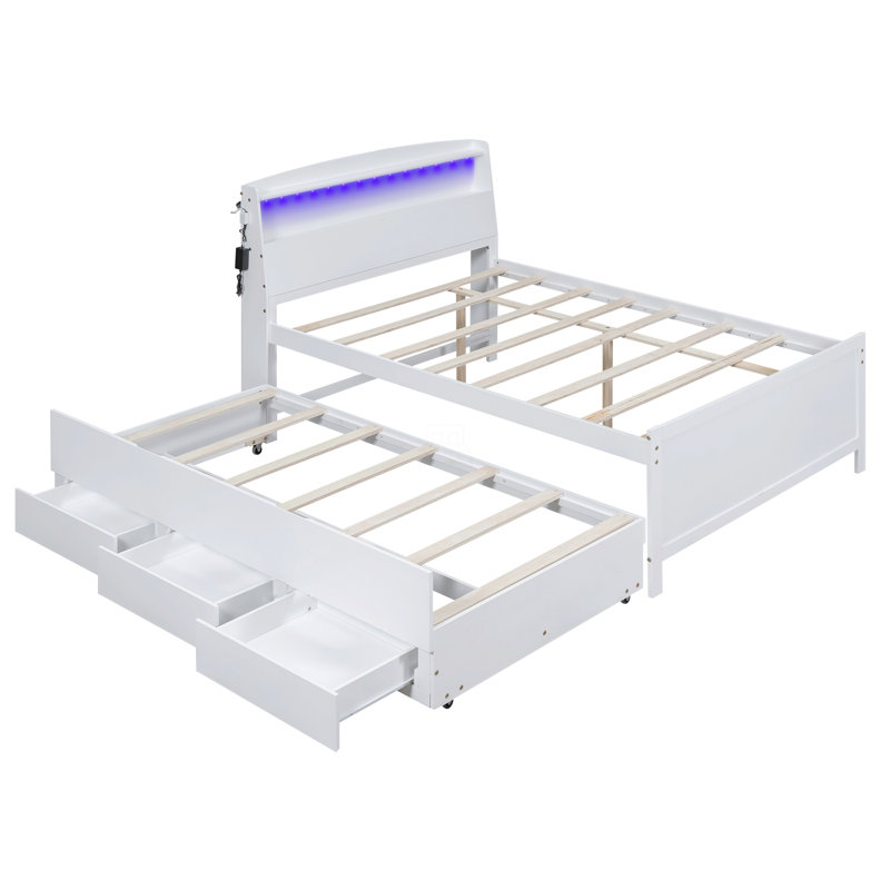 Lit plateforme avec tête de lit à DEL avec rangement, lit gigogne simple et 3 tiroirs, Double