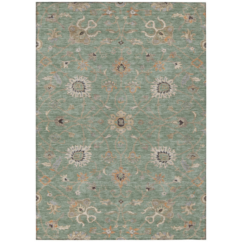 Tapis intérieur lavable floral ivoire et corail 8 pi x 10 pi vert artichaut