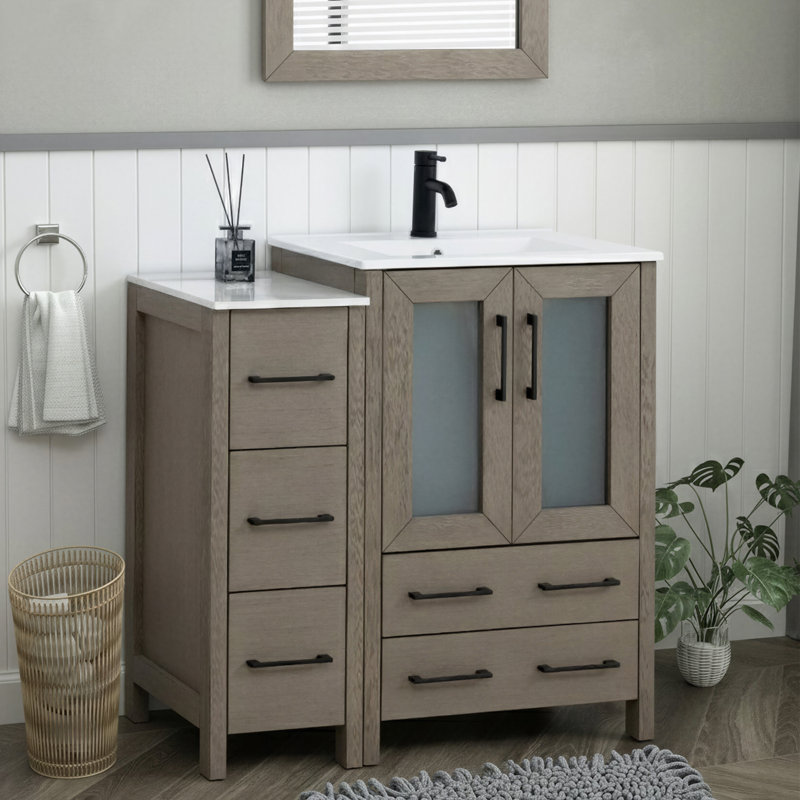 Ensemble de meuble-lavabo autoportant 36 po avec plateau en céramique et miroir assorti Brescia, Bois flottant gris