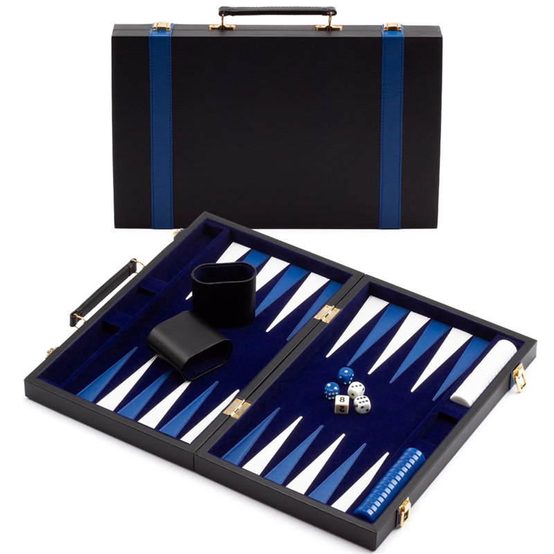 Jeu de backgammon en cuir, M, Bleu et noir