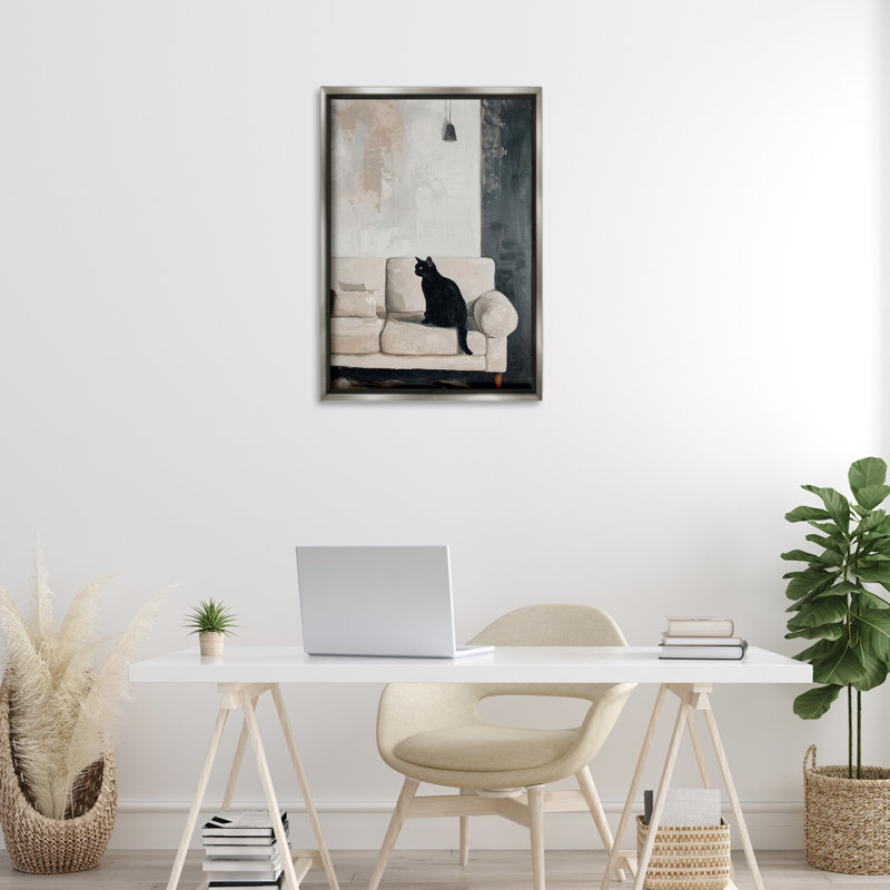Chat noir sur canapé, art mural sur toile flottante, design par LSR Creative Studio, H 31 po x l 21 po