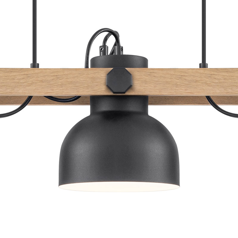 Éclairage pour îlot de cuisine 33 po, lustre linéaire industriel à 3 lumières avec abat-jour dôme en métal réglable et poutre en bois naturel, luminaire suspendu noir pour salle à manger