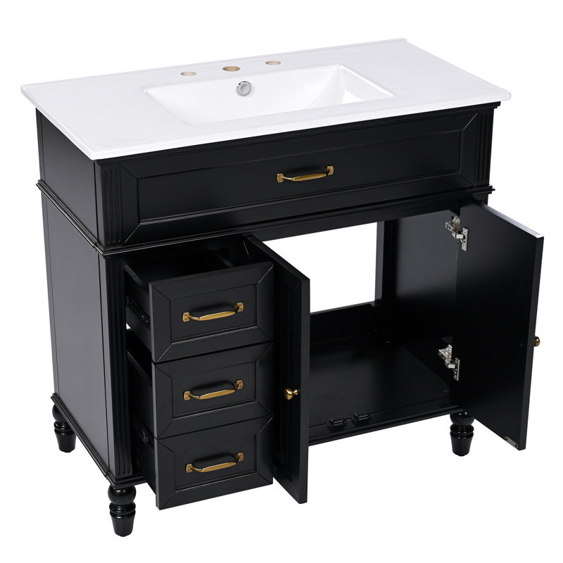 Meuble-lavabo 36 po avec lavabo, armoire de salle de bain noire avec tiroirs, cadre solide et panneau de fibres à densité moyenne, un paquet