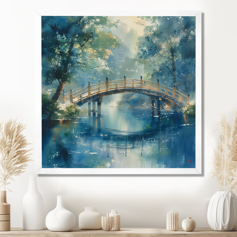 Bleu, vert, rivière, croisement, parc, pont, ponts, art mural, salon, Toile encadrée blanche avec une seule photo