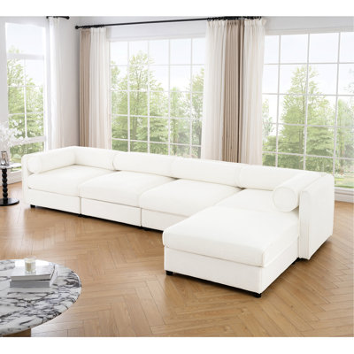 Canapé modulaire modulaire avec rangement, dossier cylindrique et accoudoirs, siège profond, confortable et durable pour le salon, canapé en L à 4 places, blanc