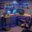 Bureau d'angle moderne en forme de L pour poste de travail avec prise de courant USB intégrée et 2 tiroirs amovibles en tissu doux, bureau de jeu robuste et polyvalent pour bureau à domicile