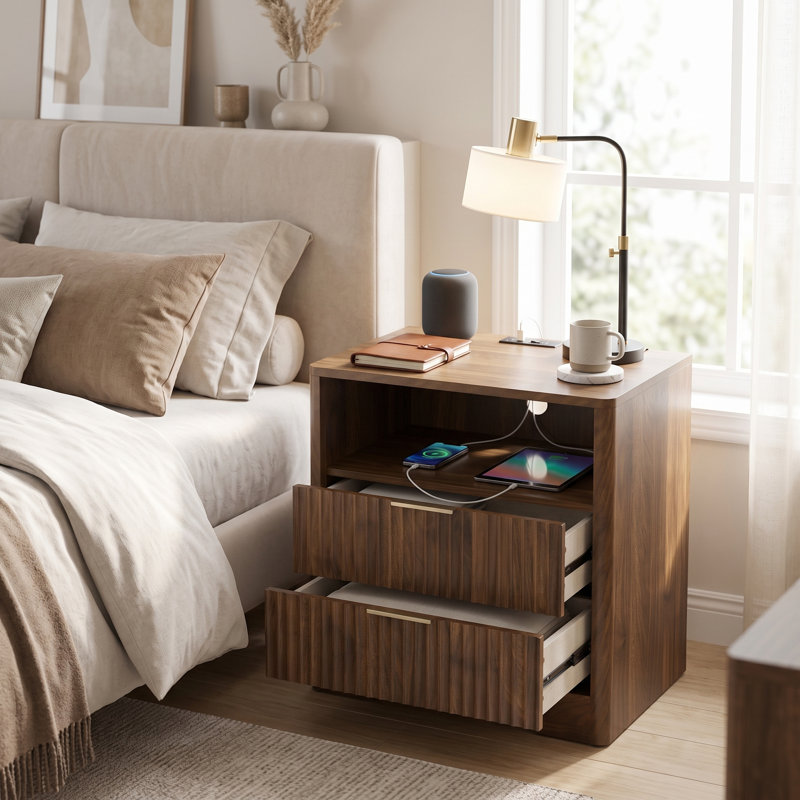 Table de chevet 3 tiroirs Modern, Noyer