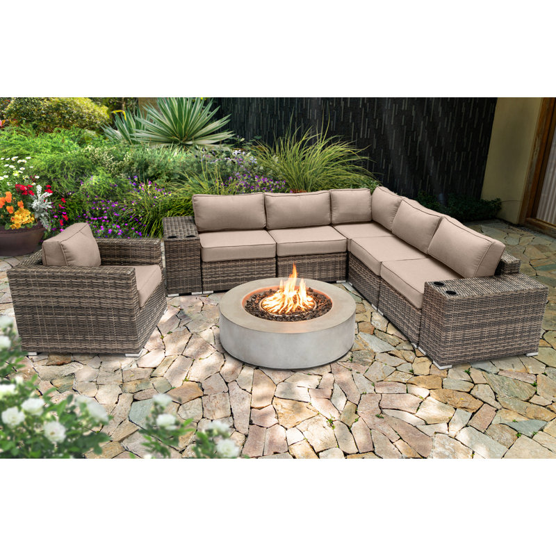 Ensemble de conversation pour 5 personnes avec foyer et coussins Sunbrella entièrement assemblés, Beige