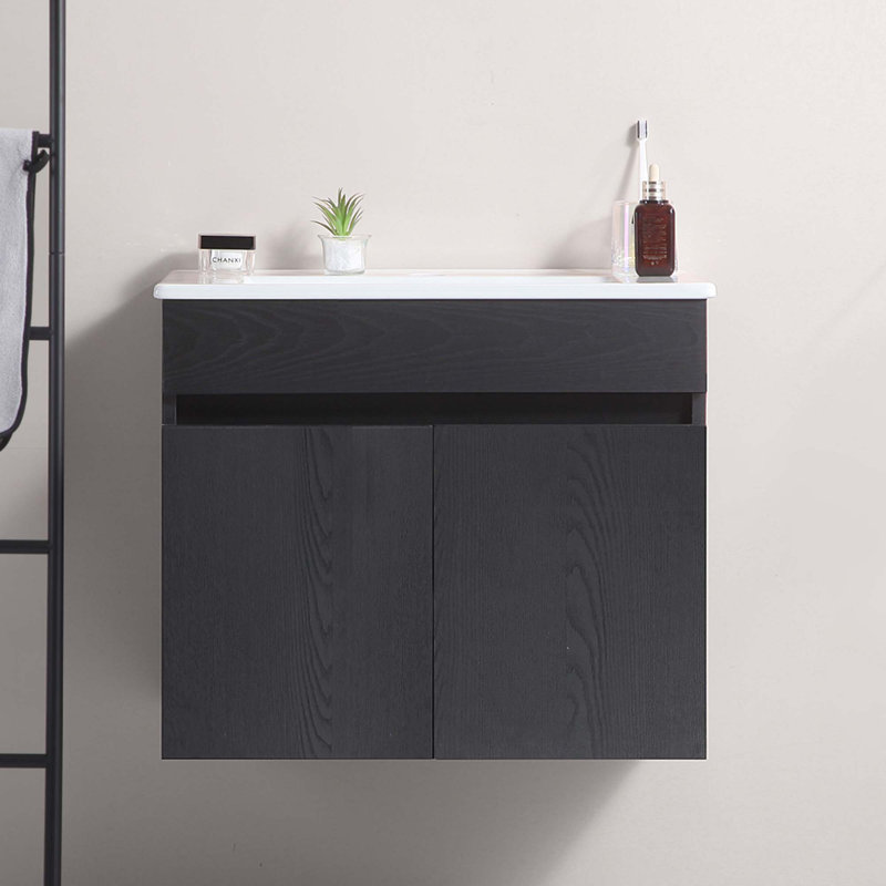 Lizzmore Wall Mounted Bathroom Vanity With White Ceramic Basin & 2 Soft Close Doors, Black