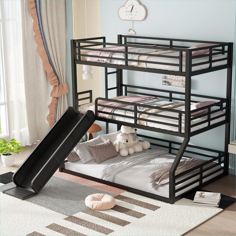 For Shared Kids Rooms and Vacation Homes, Space-Saving Heavy-Duty Metal Triple Bunk Bed with Slide, Matte Black, Full
