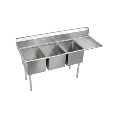 Elkay Dependabilt Stainless Steel 72-1/2" X 25-13/16" X 43-3/4" 16 Gauge Three Compartment Sink W/ 18" Right Drainboard And Stainless Steel Legs