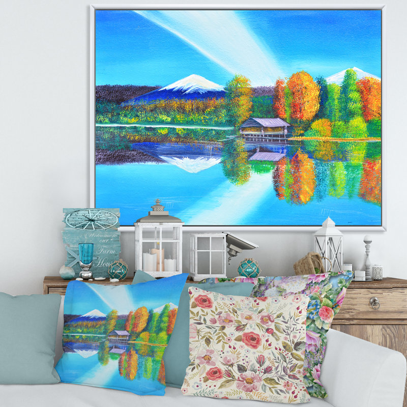 Reflet de la montagne et du ciel sur le lac - peinture sur toile, H 24 po x l 32 po x P 1 po, Cadre flottant blanc