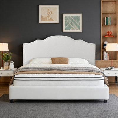 King Size Platform Bed Frame With Upholstered Headboard & Nailhead Trim