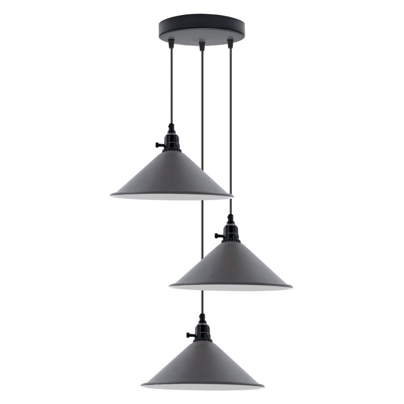 3-Light Cone Pendant Light – Industrial Kitchen Island Ceiling Fixture with Adjustable Height & E27 Bulbs, Yes, Matte Gray