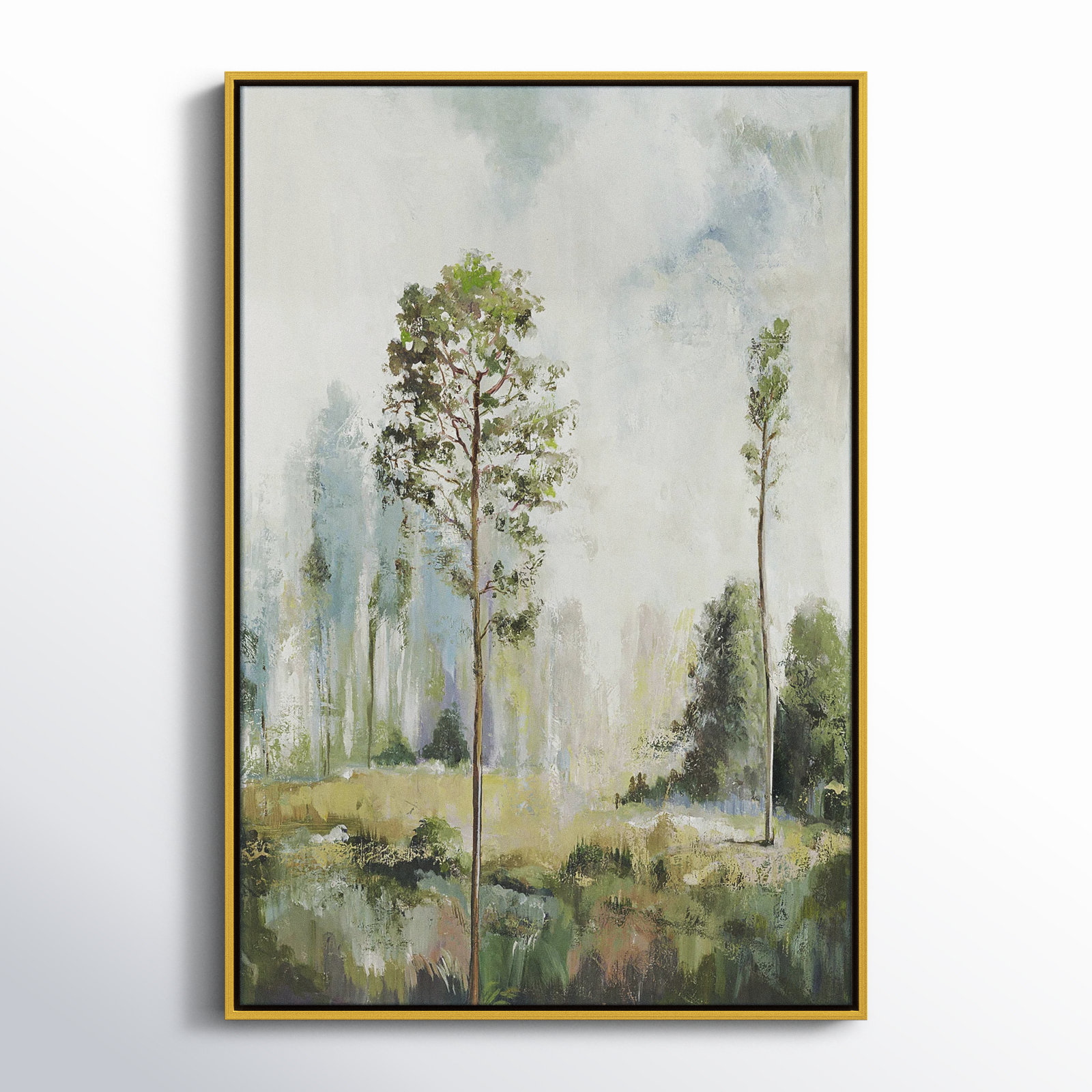 Tall Green Trees I by Teton Pearce - Floater Frame Print on Canvas, 37.5" H x 25.5" W, Gold