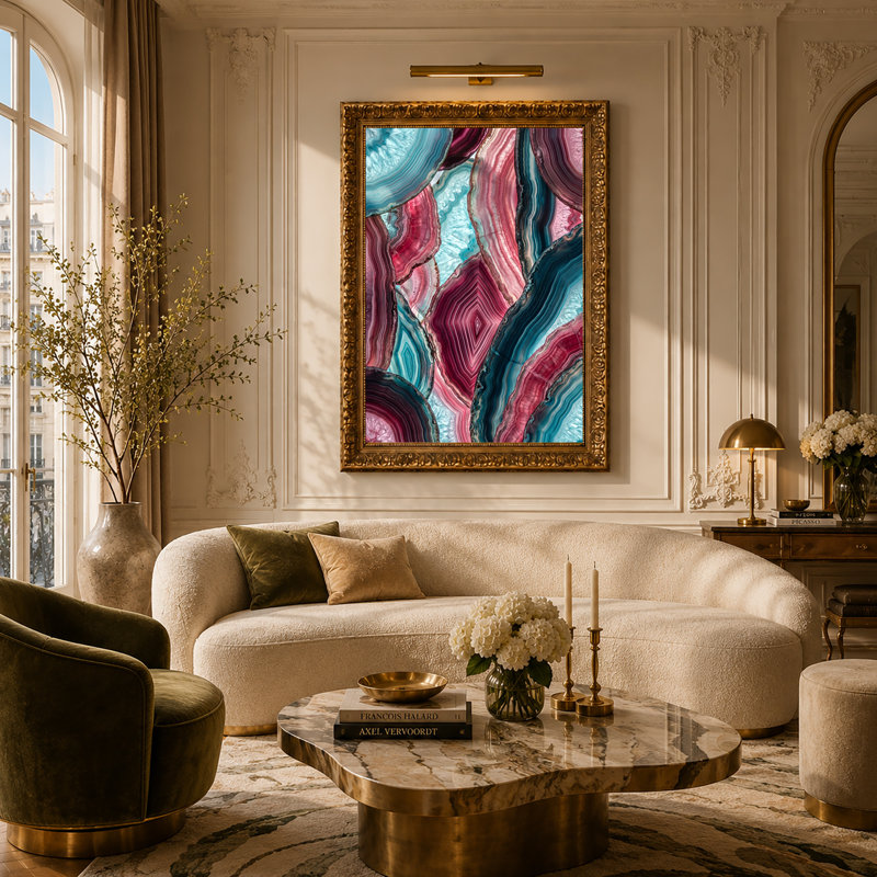 «Pink and Teal Agate Slice Layers», art mural, H 30 po x l 20 po