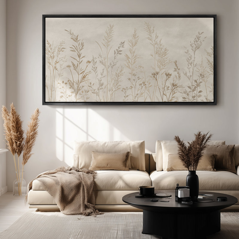 Art mural encadré sur toile - Silhouette de pré botanique minimaliste en beige doux neutre - 16 po x 24 po, 24 po x 36 po