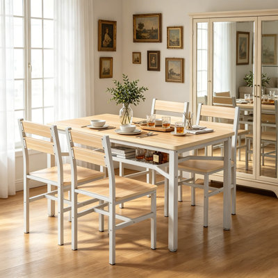Ensemble de table de salle à manger et de chaises de style campagne moderne 5 pièces, petite table de cuisine rectangulaire avec 4 chaises et support de rangement, plateau de particules et ensemble de coin repas en métal pour 4, ensemble de tables de bar peu encombrantes