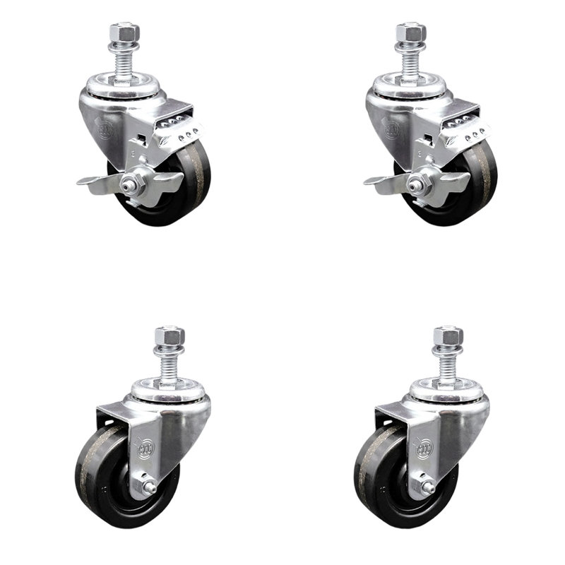 Ensemble de roulettes à tige filetée 3,5 pouces pivotante de 3,5 mm à 2 freins SCC