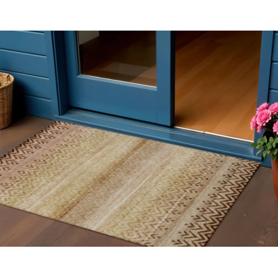 Tapis intérieur / extérieur beige et brun à motif géométrique lavable 3 pi x 5 pi