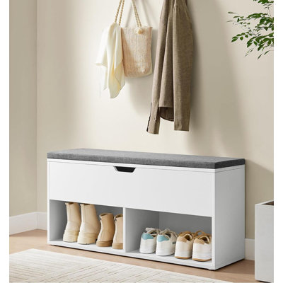 Shoe Bench With Cushion, Storage Bench, Entryway Bench With Storage, Shoe Rack Bench, 2 Open And 1 Hidden Compartments, Shoe Shelf, For Living Room, Bedroom, White And Grey