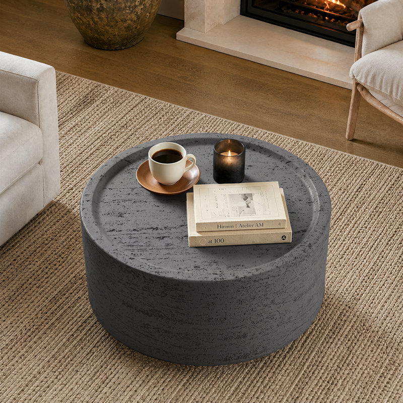Table basse ronde 28 po d'intérieur en béton moderne pour salon, gris foncé, Gris foncé