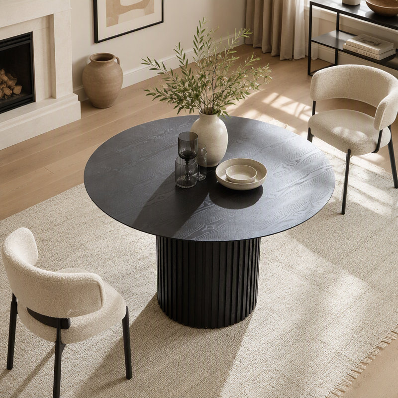 Table de salle à manger ronde de style moderne du milieu du siècle, de 118 cm (46,45 pouces), en MDF imitation bois massif avec plateau à lattes en forme de tambour, idéale pour la salle à manger, le salon et le bureau.