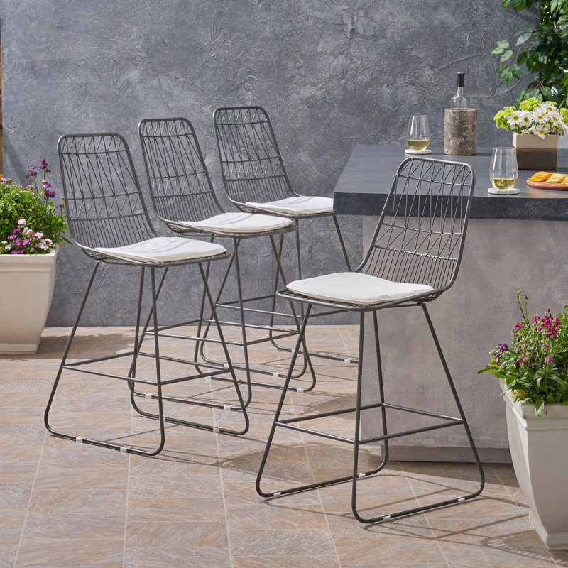 Gray Iron Outdoor Counter Stools with Off-White Cushions, Set of 4