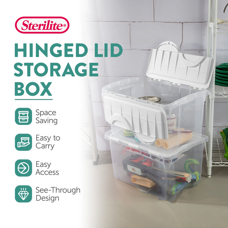 Sterilite 48 Qt Hinged Lid Storage Box Plastic Stackable Bin with Lid, 24-Pack