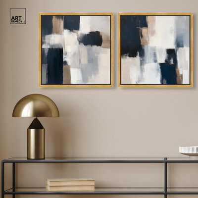 Blue Undertone II & Stormy Hues II Canvas Print Blue Livingroom Art Set by Art Remedy, Black Frame, 12 x 12