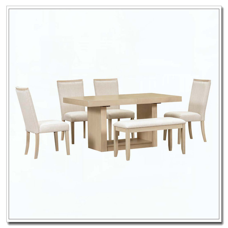 Contemporary Extendable Pedestal Dining Table Set with Bench