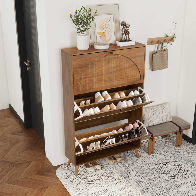 Armoire de rangement pour chaussures 24 paires avec 3 tiroirs rabattables, range-chaussures autoportant, Noyer