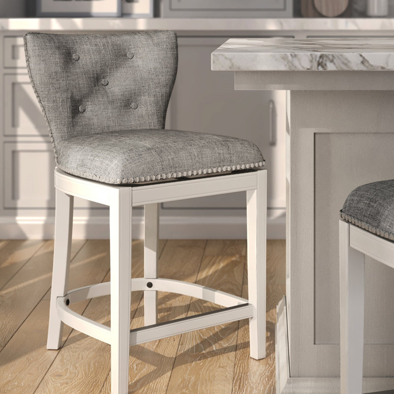 Tabouret de bar pivotant de 26 po à hauteur de comptoir avec dossier, rembourré blanc et gris, boutons de dossier, pivotant à 180 degrés, plaque de repose-pieds en métal, glissières en plastique, opération d'assemblage sans effort - Endeavour
