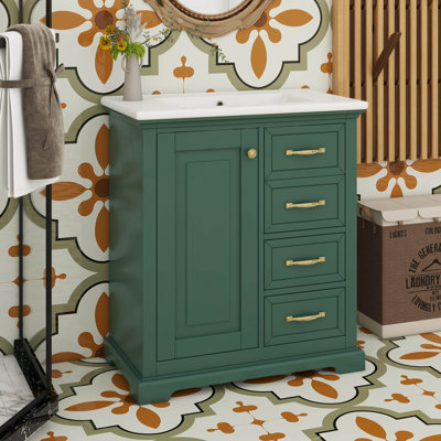 30" Bathroom Vanity With Ceramic Sink And Gold Handles,Water-Resistant Wood One Cabinet Vanities With 3 Drawers