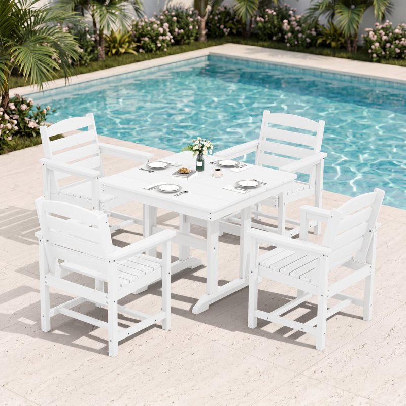 5-Piece Outdoor HDPE Dining Set, Patio Table With 4 Wide Armrest Chairs, All-Weather Garden Dining Furniture In White, White