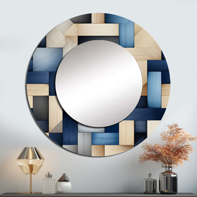 Beige et bleu rayures symétriques - miroir décoratif géométrique, miroir mural rond bleu, impression d'art en métal