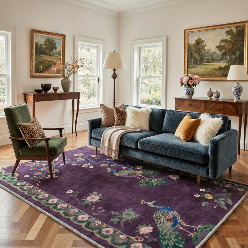 Alfred Peafowl Floral Machine Washable Purple / Green Indoor Area Rug with Non-Slip Backing, Rectangle 8' x 10'