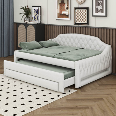 Upholstered Full Size Daybed With LED Lights, Trundle & 3 Drawers, Linen Sofa Bed